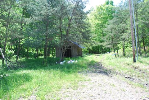 End of driveway easement and brown outbuilding